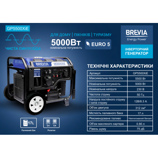 Генератор інверторний бензиновий BREVIA GP5500XiE, з електростартером Генератор інверторний бензиновий BREVIA GP5500XiE, з електростартером